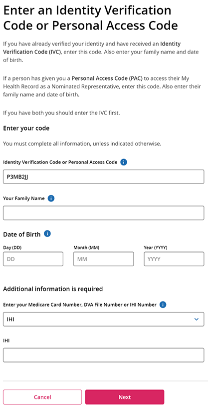 Enter an IVC or PAC Screenshot of the enter an IVC or access code