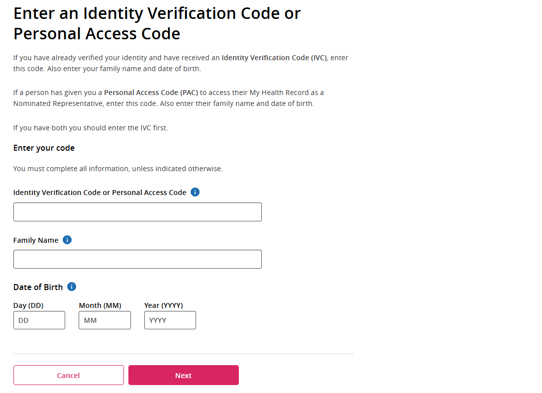 Enter an Identity Verification Code (IVC) and details of the record holder Screenshot of how to enter an Identity Verification Code (IVC) and details of the record holder