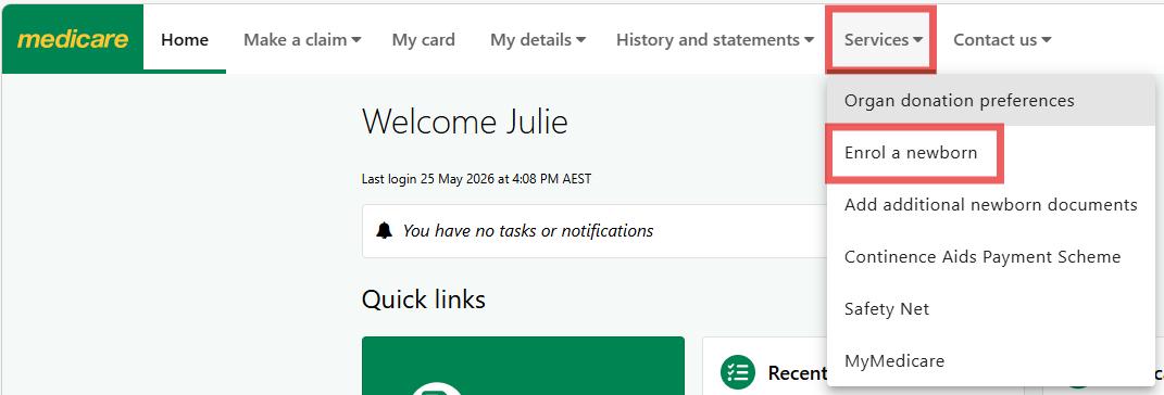 Select 'Services' then 'Enrol a newborn' Screenshot of how to select 'Services' then 'Enrol a newborn' on the Medicare website