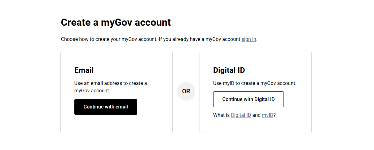 Sign in or create an account with myGov Screenshot of how to create an account with myGov