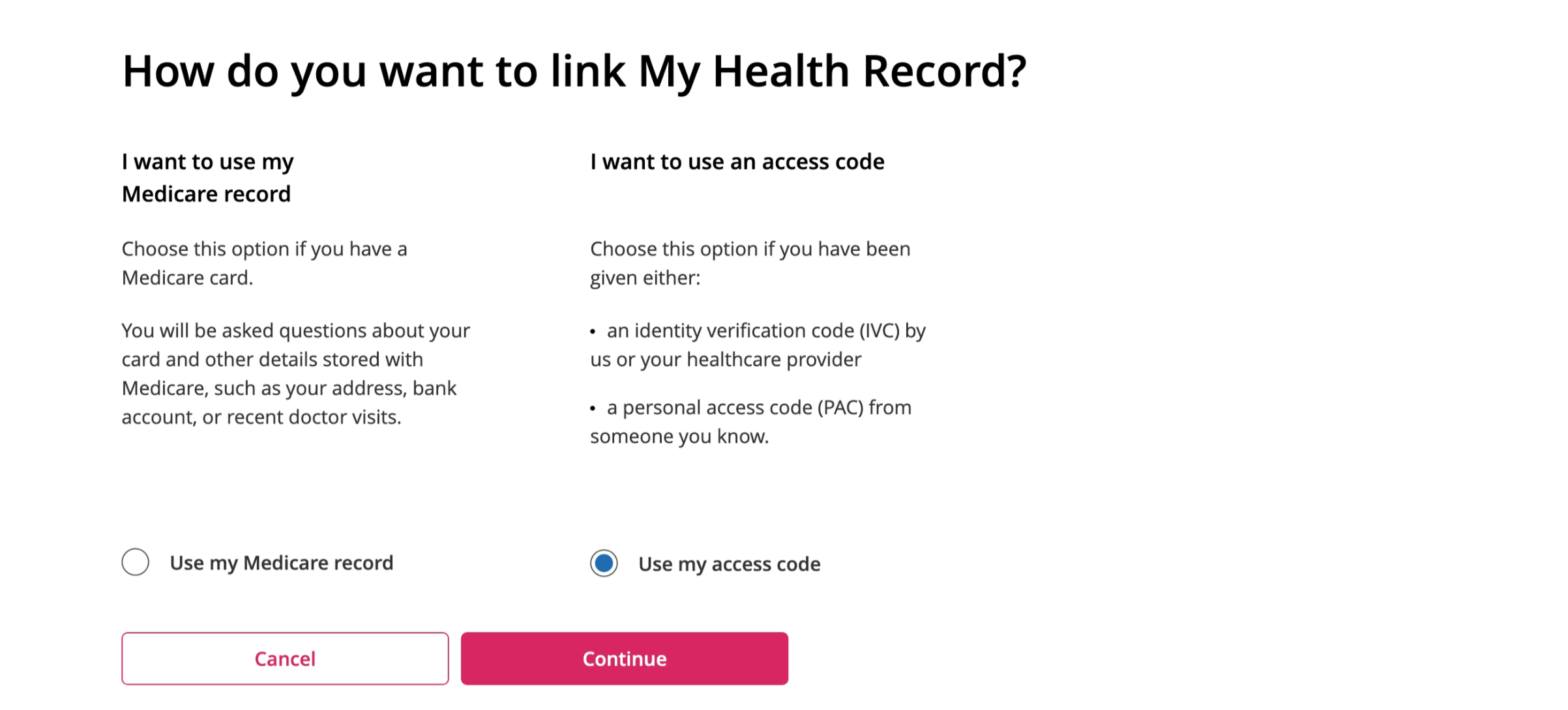 Link My Health Record using an access code Screenshot of how to link My Health Record using an access code