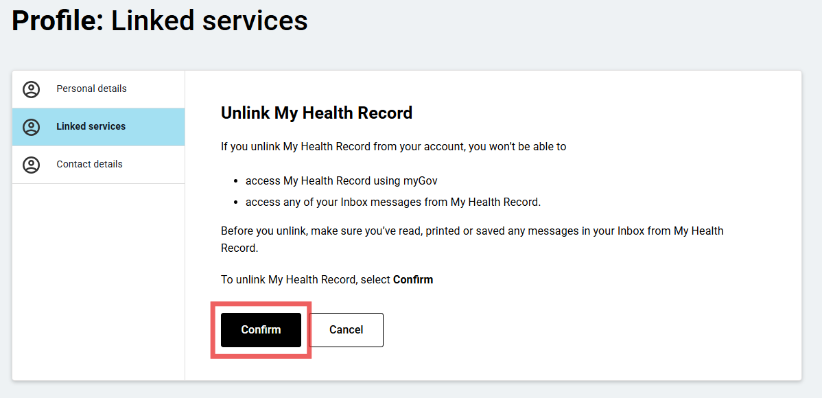 Screenshot of how to unlink My Health Record from myGov