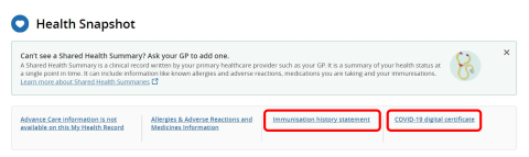 Screenshot: click immunisation history statement or COVID-19 digital certificate