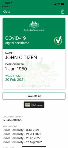 Screenshot: Example of COVID-19 digital certificate