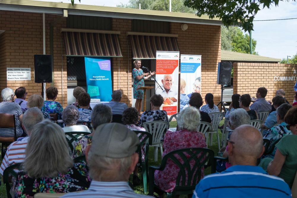 Berrigan community members listen on as the Hon Sussan Ley MP, Member for Farrer, speaks