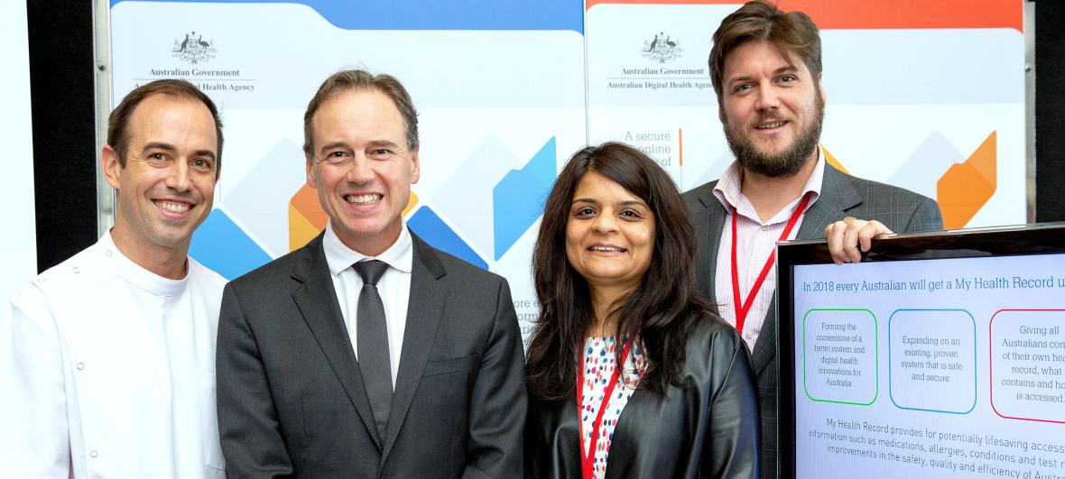 L to R: Chris Campbell, TWCM Professional Practice Manager; Health Minister Greg Hunt MP; Vandana Chandnani, Agency PHN Education and Support Lead; Shane Lowe, Agency PHN education and Support Lead