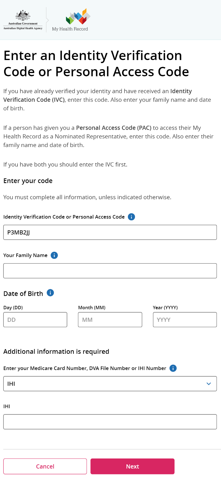 'Enter an Identify Verification Code or Personal Access Code' screenshot