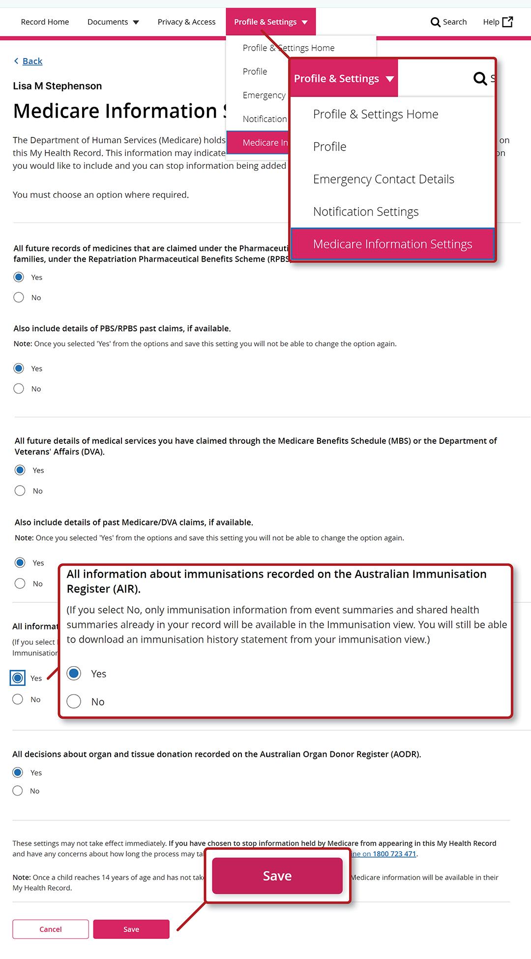 Screenshot: Medicare information settings in My Health Record