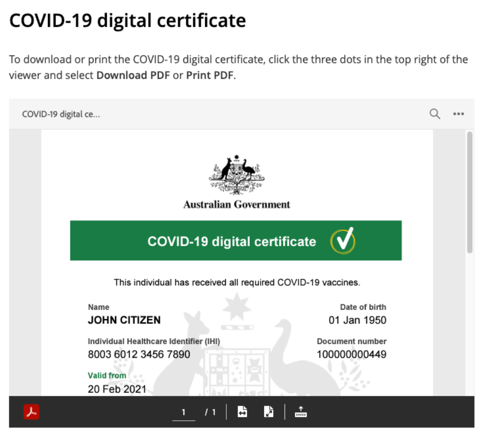 Screenshot: Example of COVID-19 digital certificate