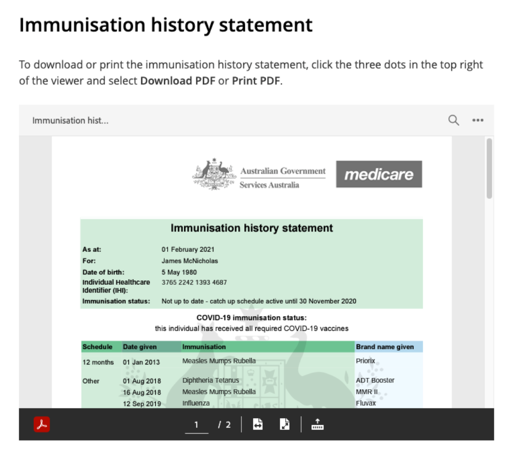 Screenshot: Example of immunisation history statement