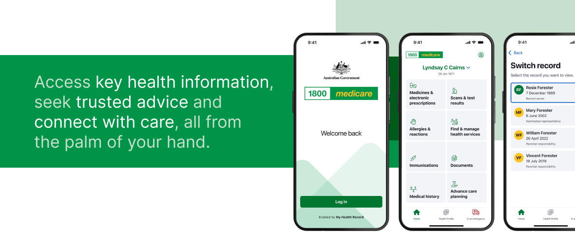 1800MEDICARE banner: Access key health information, seek trusted advice, and connect with care, all from the palm of your hand; with 3 phone screens showing features of the 1800MEDICARE app.