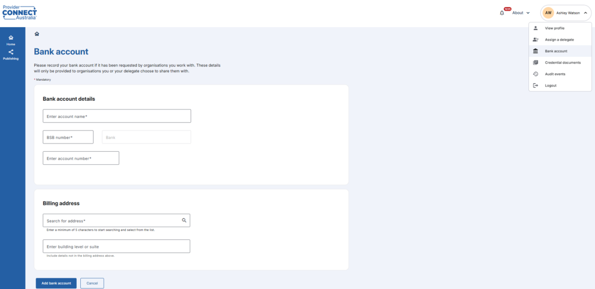 Add or manage bank accounts screenshot