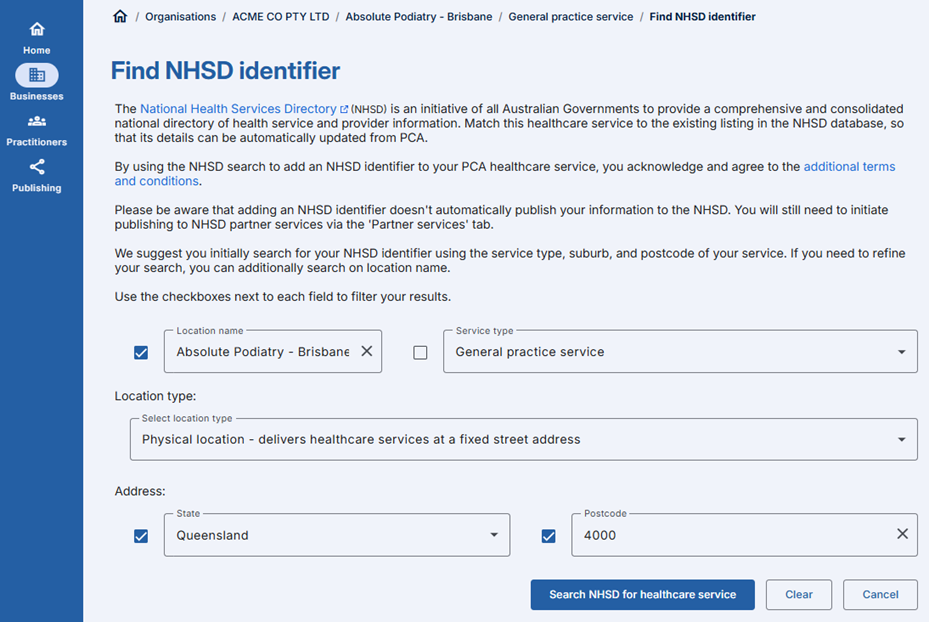 Add the National Health Services Directory (NHSD) Identifier screenshot