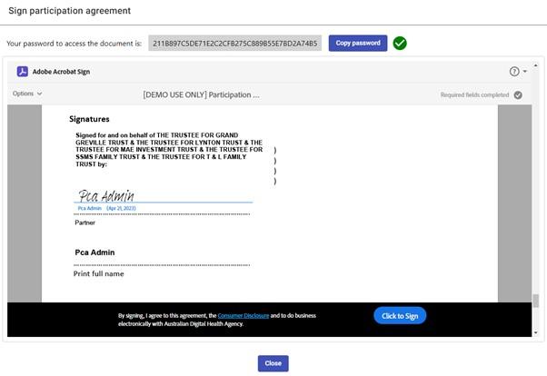 Screen shot PCA signing details