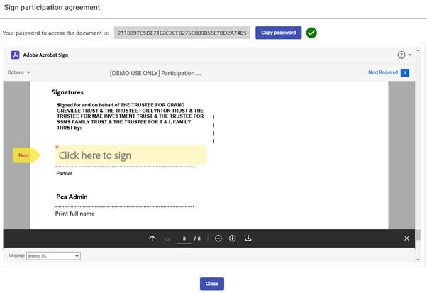 Screen shot PCA signing details