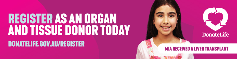 Promotional banner encouraging organ and tissue donation, featuring a smiling young girl named Mia who received a liver transplant, with the message 'Register as an organ and tissue donor today' and the DonateLife logo.