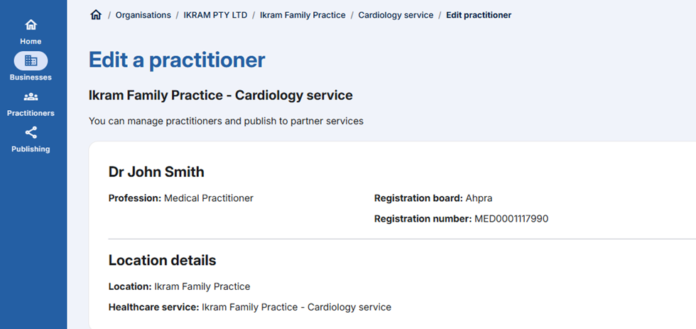 Edit a practitioner screenshot