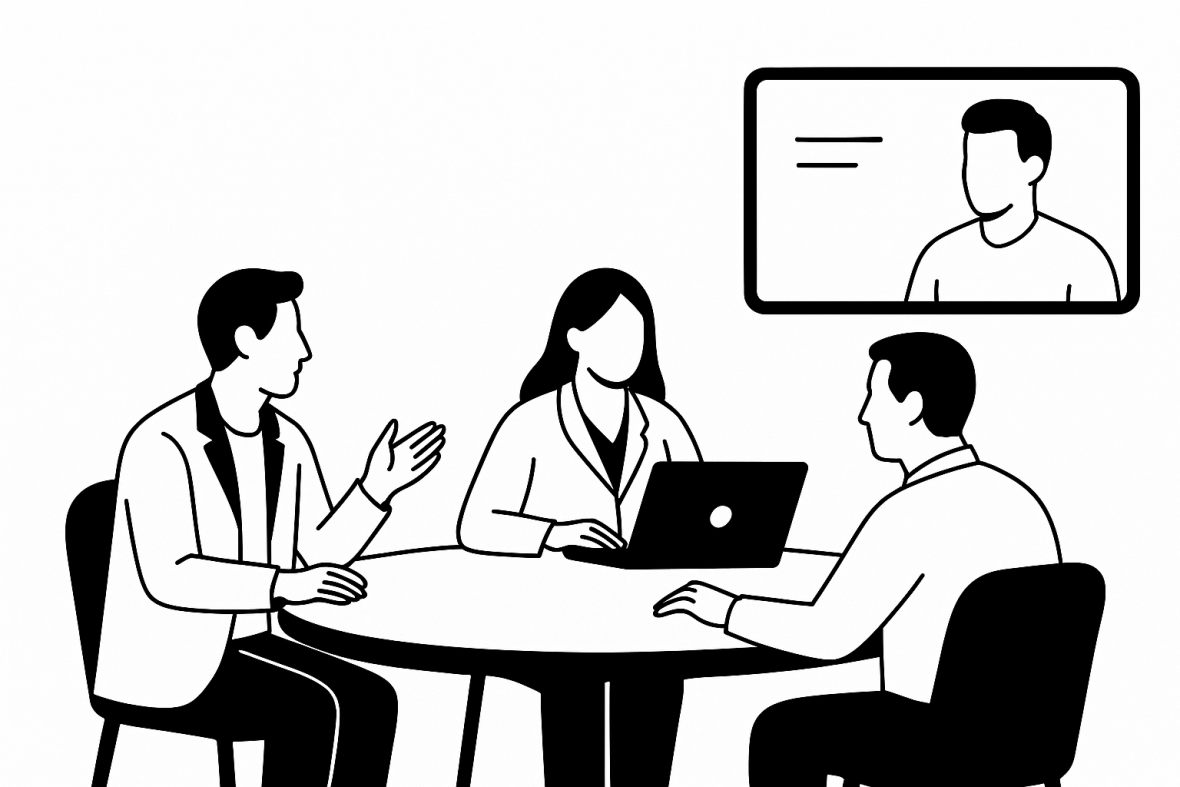 Illustration of 3 people sitting at a round table video calling another person