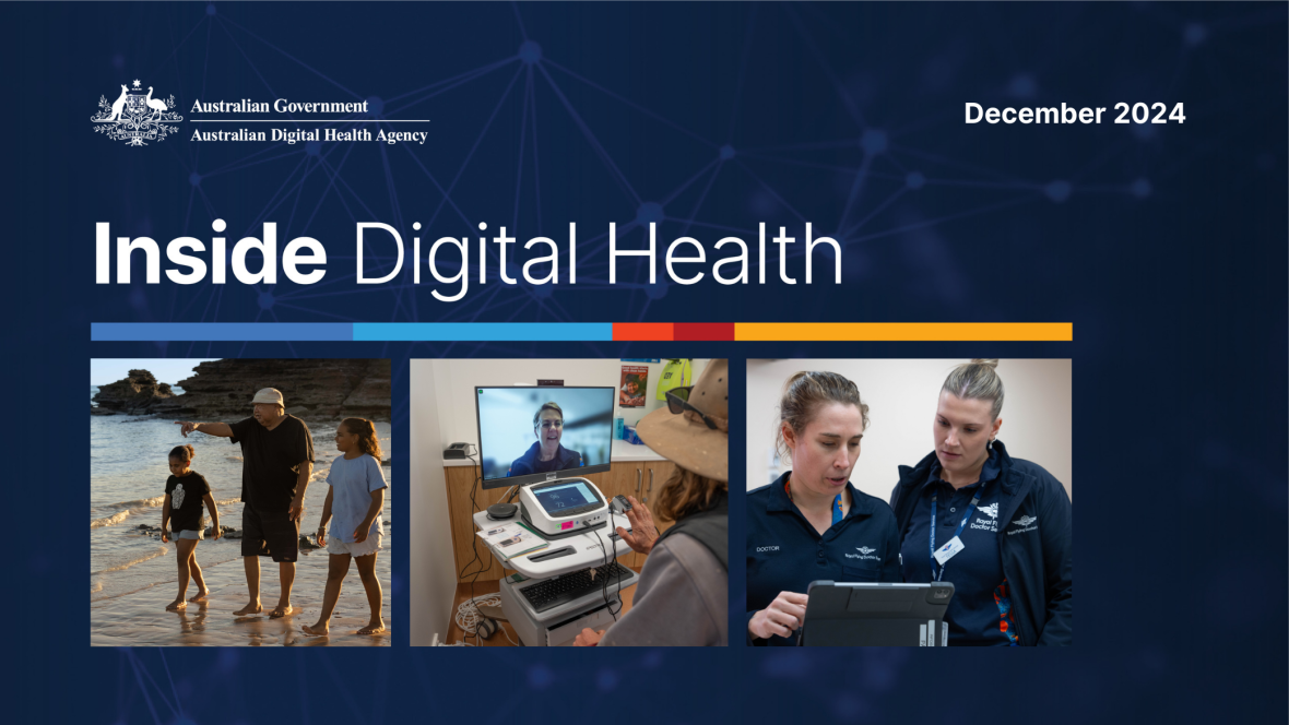 Inside Digital Health December 2024 banner, with 3 images: 3 people walking on the beach, a telehealth consultation in progress and 2 healthcare providers looking at a tablet