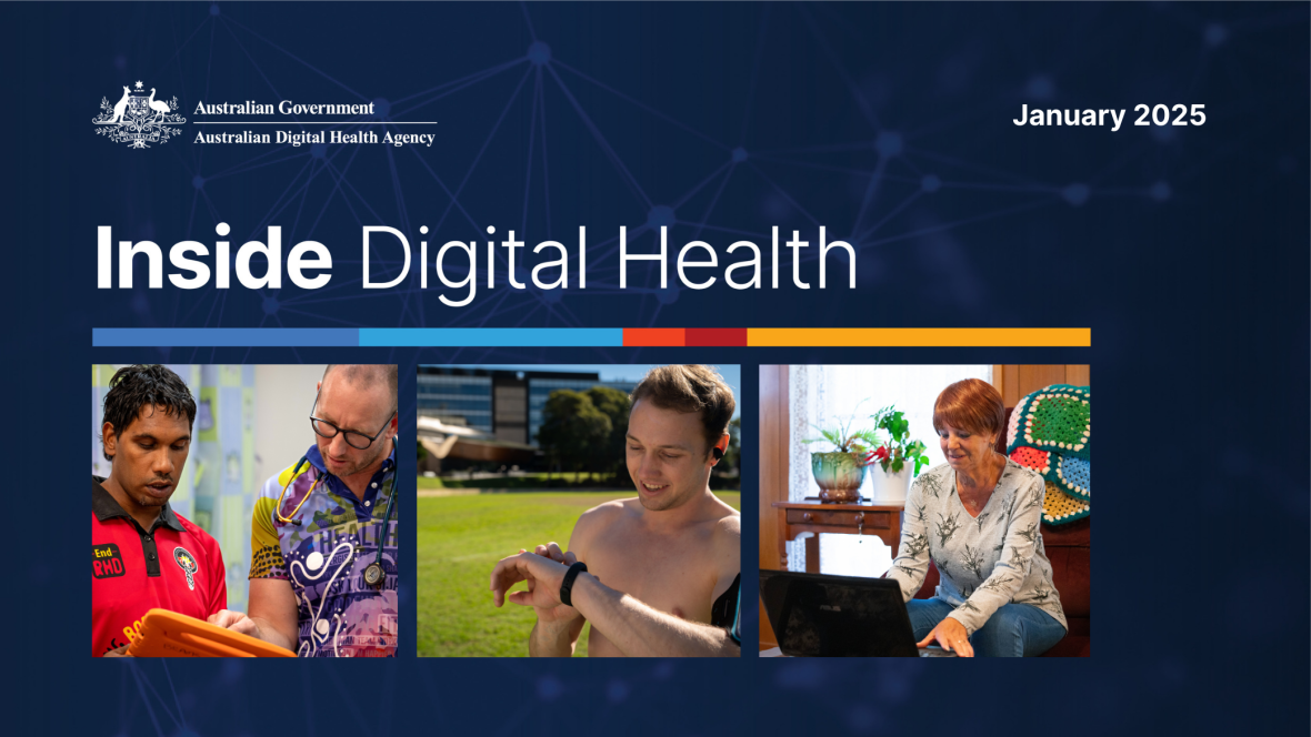 Inside Digital Health January 2025 banner with 3 images featuring people on a tablet, smartwatch and laptop.