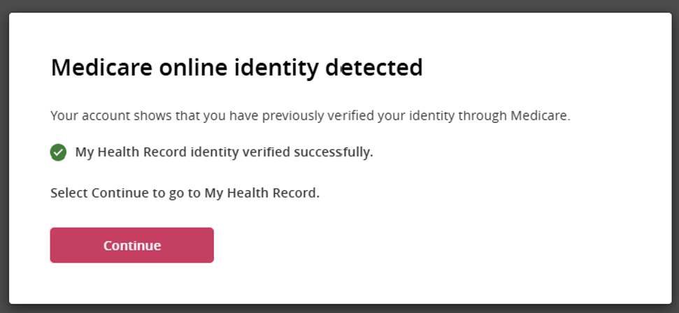 Medicare online identity detected tile.