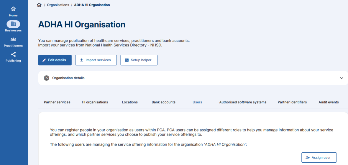 PCA - Click on organisation name tile