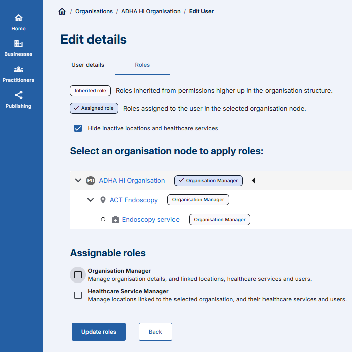 PCA - Click on Update roles tile