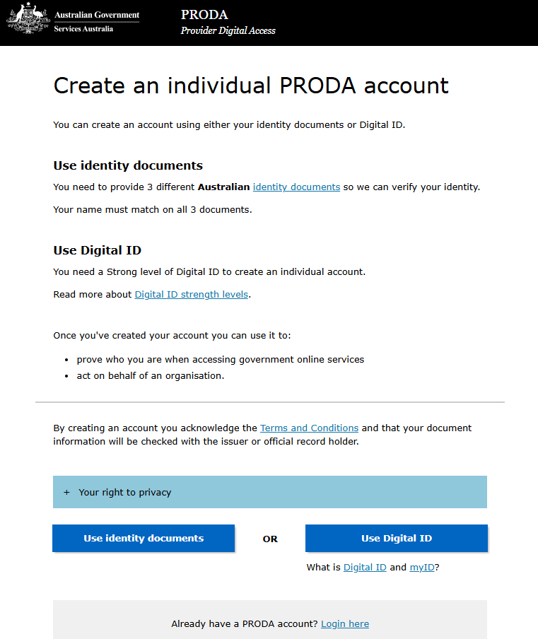 PCA - Create PRODA account screenshot