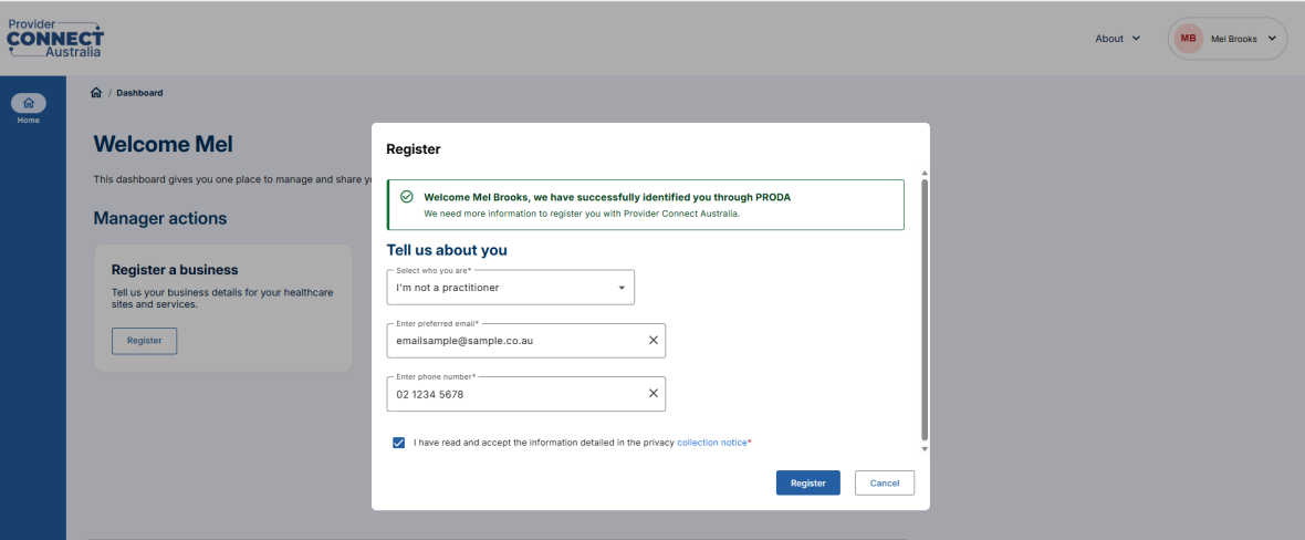 PCA - Enter your details tile