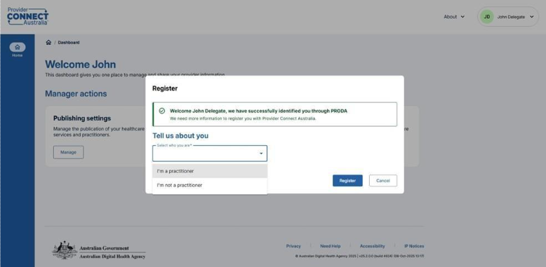 Register as a healthcare provider organisation screenshot