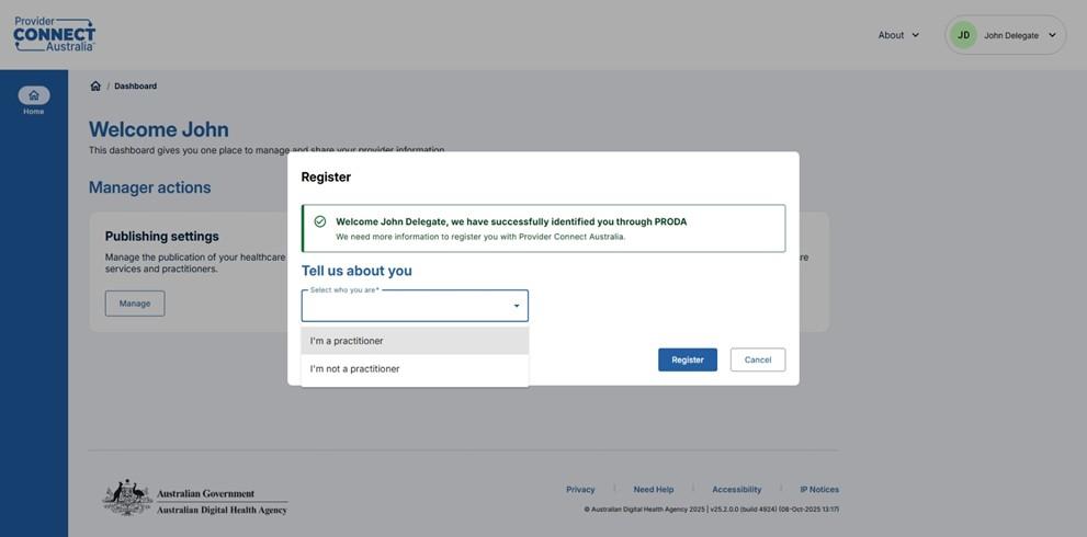 Register as a practitioner screenshot