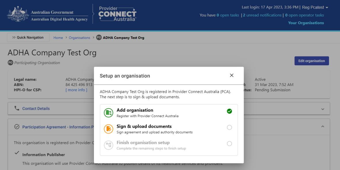 Screen shot of PCA connect setup organisation screen