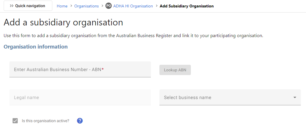 Add or update your Subsidiary Organisations from ABR screenshot