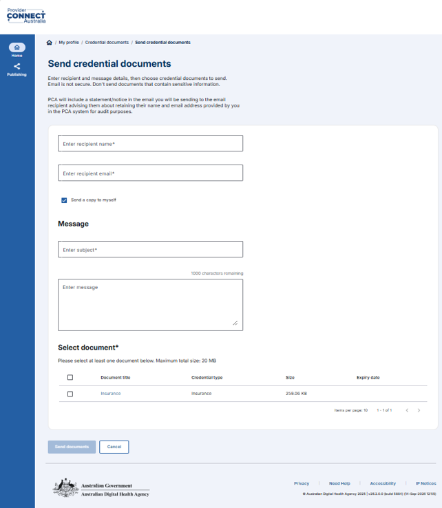 Screenshot of the Send credential documents window.