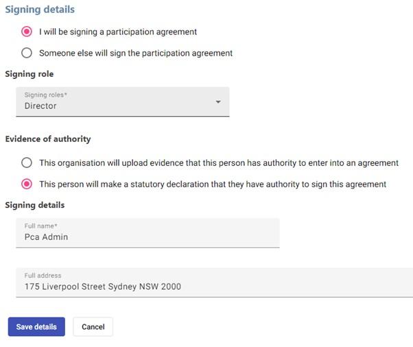 Screen shot PCA signing details
