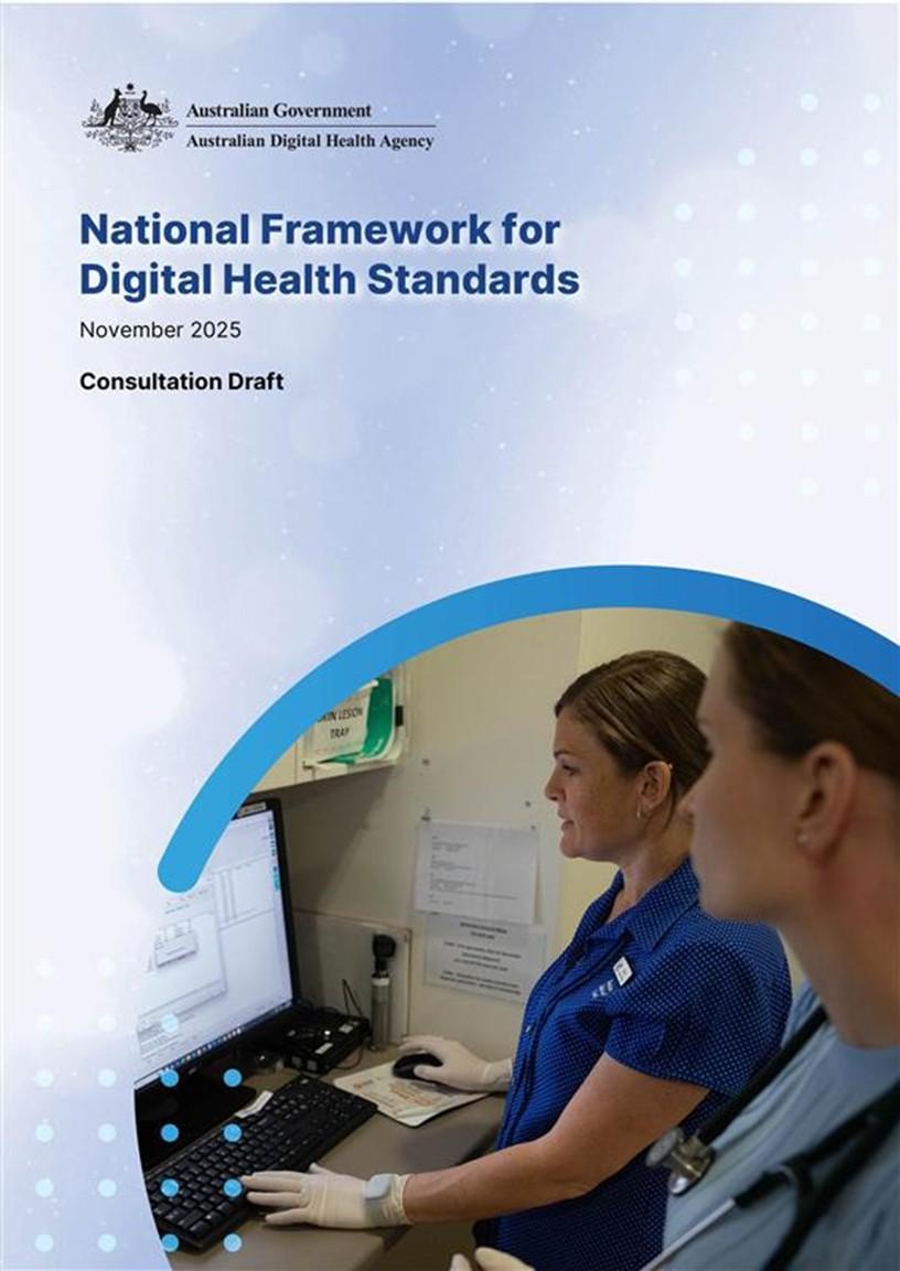 Cover page of the National Framework for Digital Health Standards consultation draft, showing two healthcare professionals working at a computer in a clinical setting