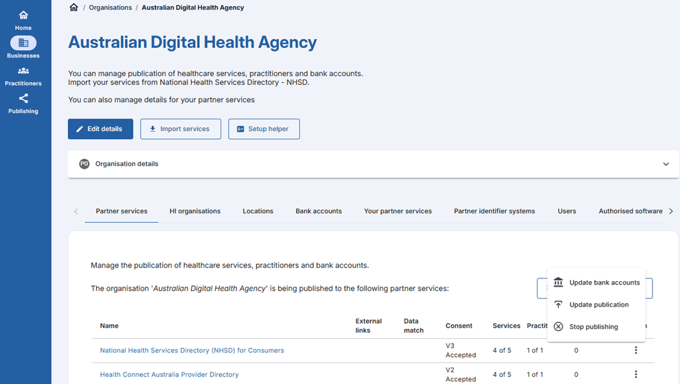 Stop Publishing to Partner Services screenshot