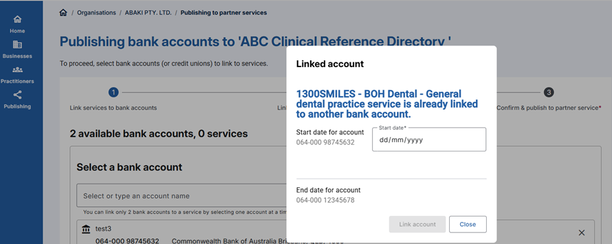 Update bank accounts published to partner services screenshot