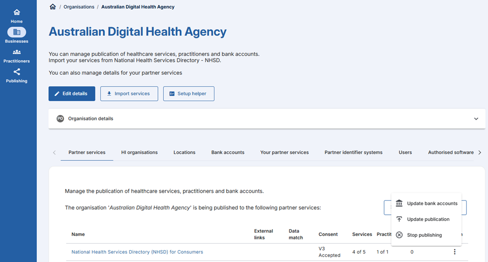 Update publication of healthcare services and practitioners to partner services