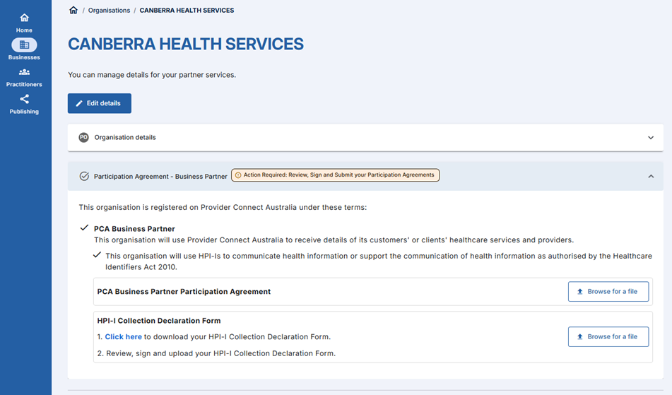 Upload Participation Agreement screenshot